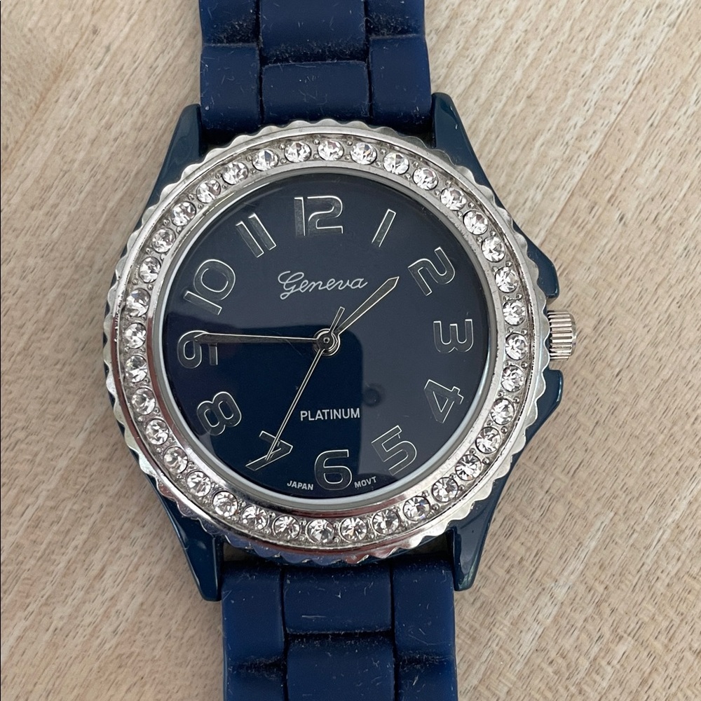 Geneva Navy Watch with Crystal Bezel & Silicone Band